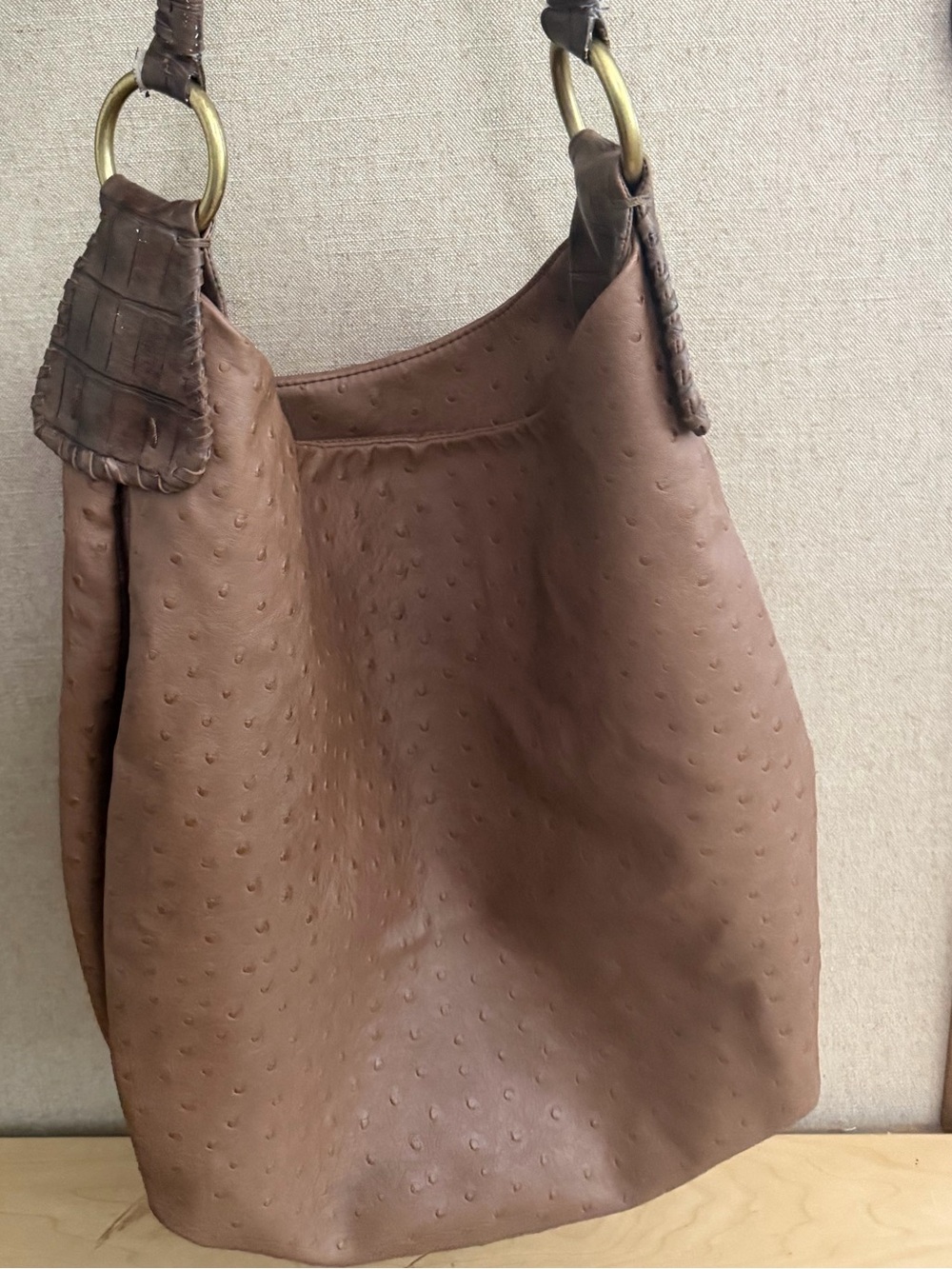 Nine West Brown Ostrich Embossed Hobo Shoulder Bag Croc Trim Y2K